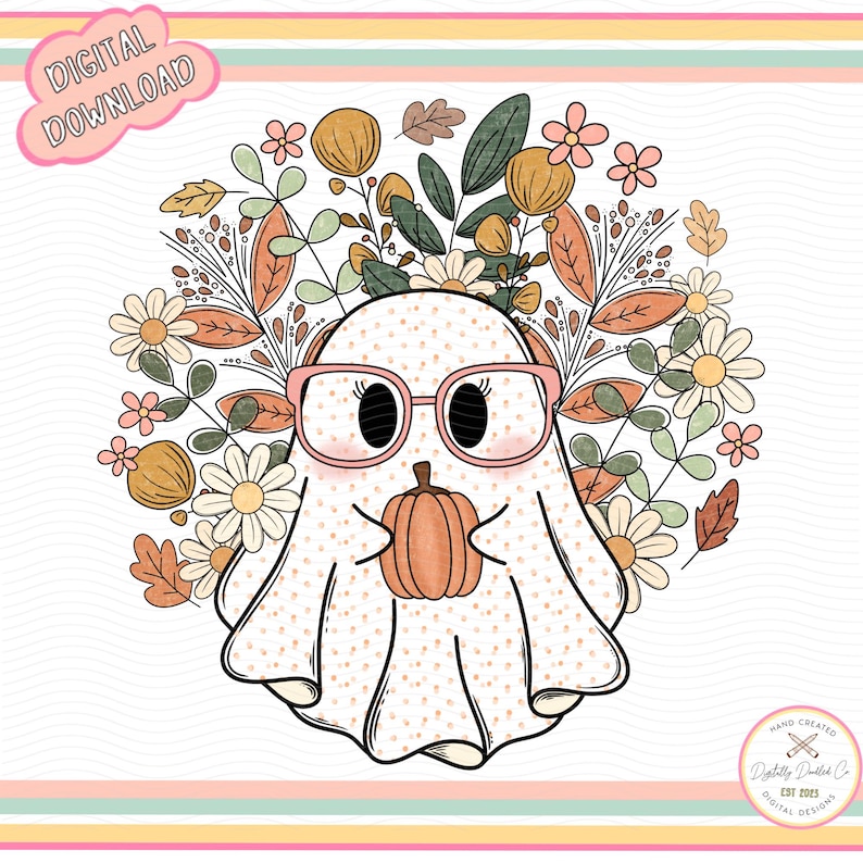 May include: A cute cartoon ghost wearing pink glasses and holding a small orange pumpkin. The ghost is surrounded by fall foliage and flowers in shades of orange, yellow, and pink.