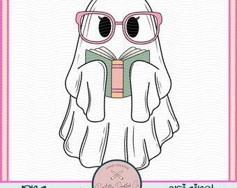 Puede incluir: Un fantasma blanco con gafas rosas leyendo un libro verde. El fantasma tiene una expresión amigable y está sosteniendo el libro con ambas manos. La imagen está en estilo de dibujos animados.