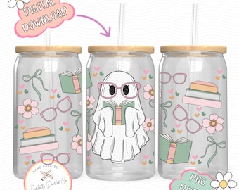 Bookish Ghost 16 oz Glass Can Wrap•Bookish Girly PNG•Booklover PNG•Ghost Reading Books•Glass Can Wrap•Glass Can Designs•Girly PNG•Coquette