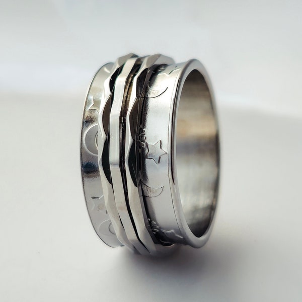 Spinner Ring for Women Star Moon Anxiety Ring Fidget Ring Handmade Stainless Steel Wide Rotating Ring Ideal for Anxiety ADHD and Worry Ring