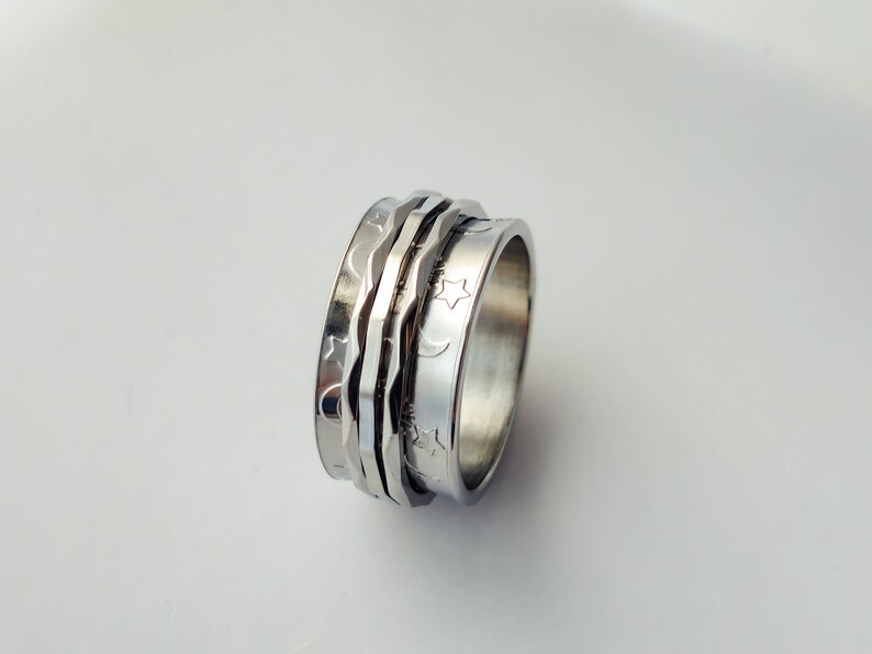 Spinner Ring for Women Star Moon Anxiety Ring Fidget Ring Handmade Stainless Steel Wide Rotating Ring Ideal for Anxiety ADHD and Worry Ring image 7