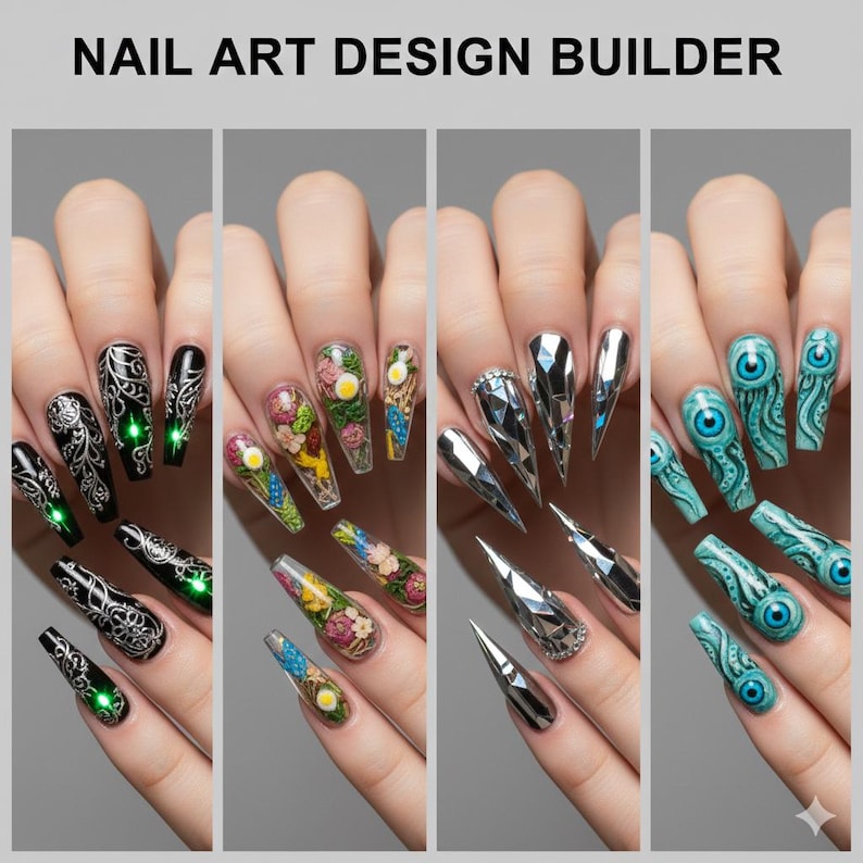 May include: The image showcases various nail art designs. Featured are black nails with silver patterns and green accents, floral designs, geometric silver nails, and teal nails with eye designs. The text "NAIL ART DESIGN BUILDER" is at the top.