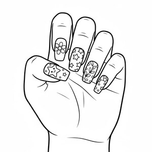 May include: Line art illustration of a hand with long, decorated fingernails. The nails feature various designs, including a smiling star, a flower, stars, and leaves. The image is in black and white.
