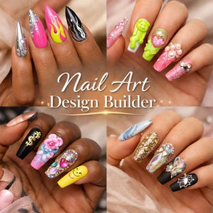 Op de afbeelding: Een collage van gemanicuurde nagels met verschillende nail art-ontwerpen. De nagels hebben een reeks kleuren, waaronder zilver, roze, geel, zwart en goud, met versieringen zoals glitter, vlammen en 3D-figuren. De tekst "Nail Art Design Builder" is zichtbaar.