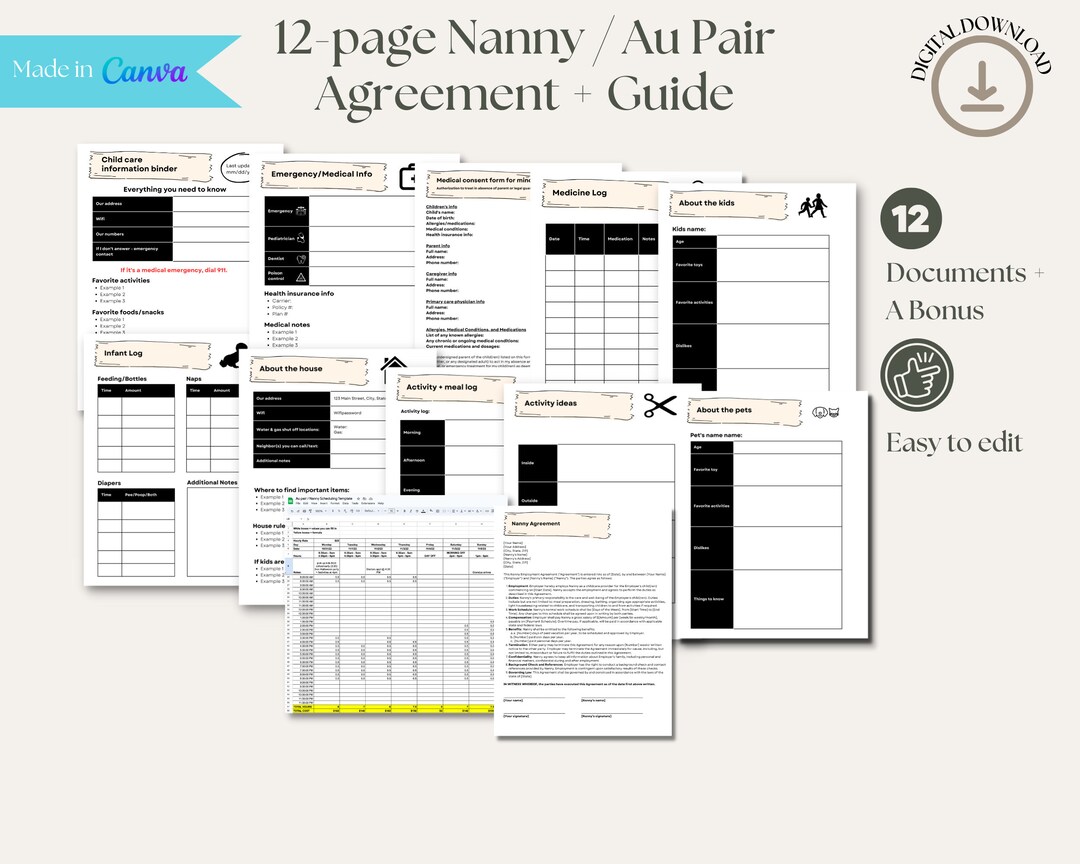 Nanny Binder Printable Nanny Notes Nanny Agreement Au Pair Planner Au Pair Handbook Nanny
