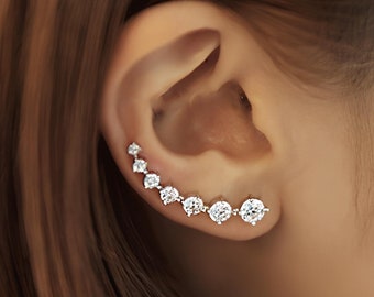Shiny CZ Silver Climber Earrings | Dainty Ear Sweeps | Long Ear Cuffs for Gift | Cute Ear Crawlers | Brilliant and Minimalist Ear Jacket