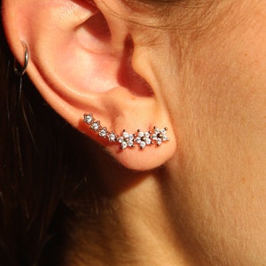 Rose Gold Ear Climber | S925 Silver Sakura Flower Climber Earrings | Minimalist Pink Ear Crawlers for Gift | Dainty Pink Stars Ear Sweeps