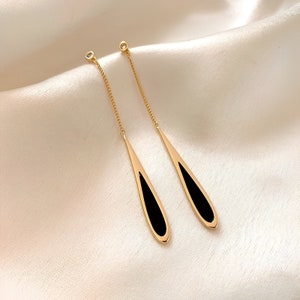 Minimalist Earrings in Gold Black | Gold Black Drop Dangle Earrings | Black Tear Drop Tassel Long Earrings | Gold Dangle Earrings