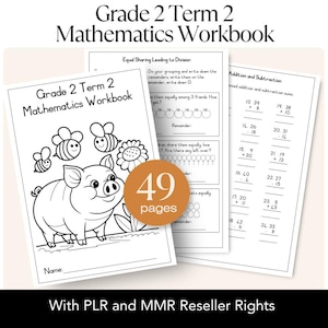 Può includere: Un quaderno di matematica di 2° grado, 2° trimestre, con 49 pagine. La copertina presenta un'illustrazione di maiale, api e fiore. All'interno, ci sono problemi di addizione, sottrazione e divisione. Il testo "Grade 2 Term 2 Mathematics Workbook".