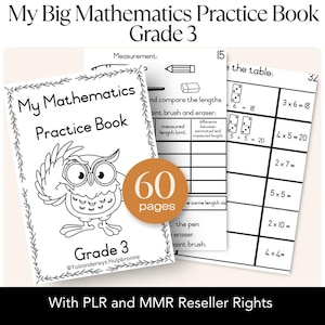 Peut inclure: Un cahier d'exercices de mathématiques pour la 3e année, avec une illustration de hibou sur la couverture. Le livre comprend 60 pages d'exercices, avec des sections sur les mesures et les tables de multiplication. Le titre est "My Big Mathematics Practice Book".
