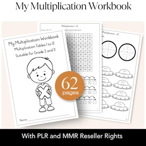 Peut inclure: Un cahier d'exercices en noir et blanc intitulé "My Multiplication Workbook" avec des tables de multiplication pour les classes de 2e et 3e année. La couverture présente un garçon de dessin animé tenant un X. Le cahier compte 62 pages.