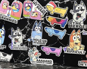 Bluey Sticker Packs for vehicle, laptop, tool box, children, Grannies, Bandit, unicorse, Hecuba, bingo, Jeremy, Lucky, Gerald, & more!