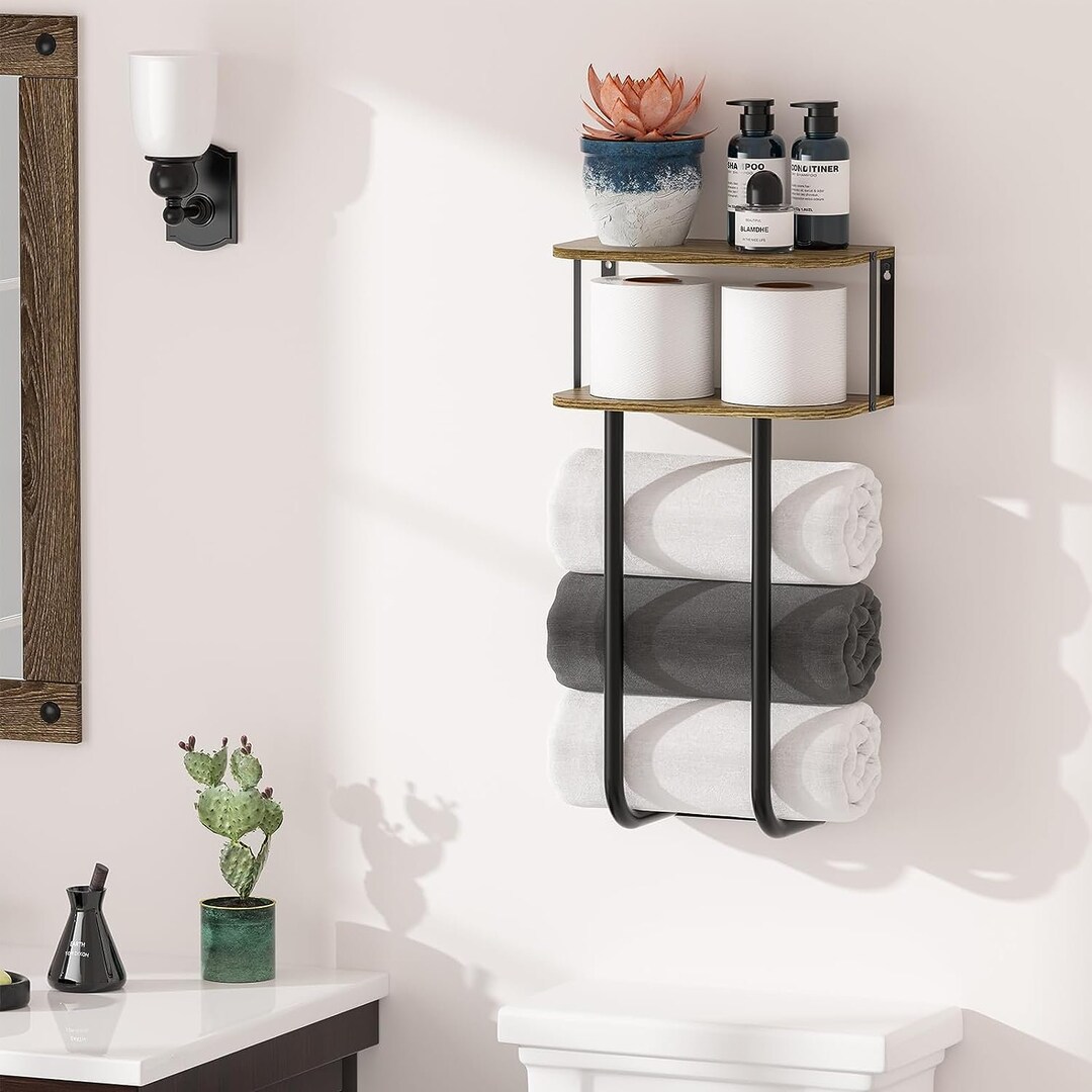 Towel Racks for Bathroom With 2-tier Wood Shelf, Bathroom Shelves Wall ...