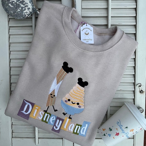 Embroidered Disneyland Churro and Ice Cream Unisex Sand Color- Unisex Crewneck