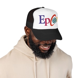 May include: A black and white trucker hat featuring a white front panel with the text EpC1 printed in purple, pink, and orange, with a green globe icon replacing the letter o. The hat has a black brim and a black mesh back panel for ventilation.