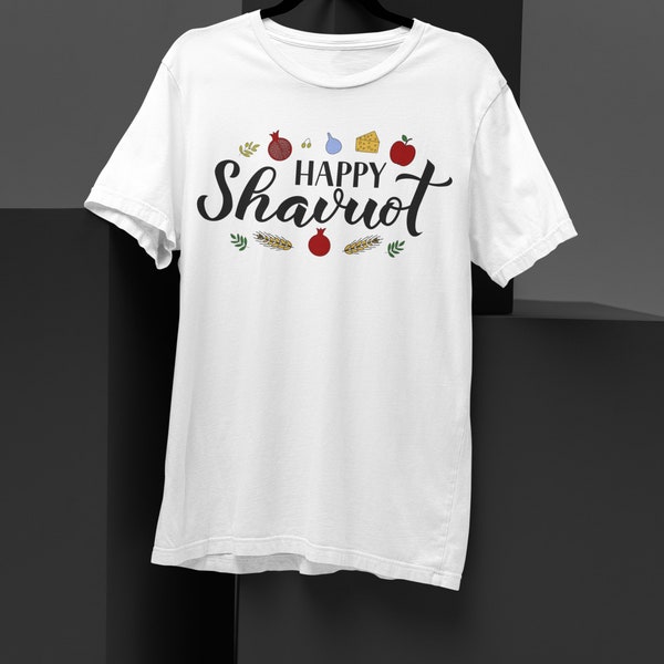 Happy Shavuot T-Shirt | Jewish Holiday Celebration Tee with Fruits and Cheese Graphic | Gift for Shavuot | Jewish Holiday T-Shirt