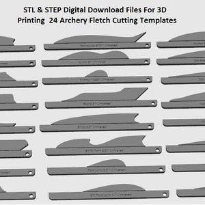 Könnte beinhalten: Graue 3D-Druckvorlagen für das Bogenschneiden. Das Bild zeigt 24 Vorlagen mit verschiedenen Formen und Größen, jede mit einem Namen und einer Messung versehen. Der Text oben lautet "STL & STEP Digital Download Files For 3D Printing".