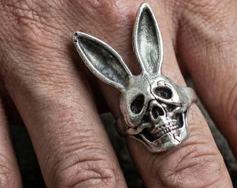 Kaninchen Ring Antik Silber Gothic Bunny Design, Bold Tier Schmuck, einzigartige Statement Ring