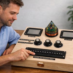 Può includere: Un dispositivo di radionica in legno con quadranti neri, due piccoli schermi e un oggetto a forma di piramide. Il dispositivo presenta la scritta "RADIONIC RATE SEQUENCE INSERT" e una serie di numeri. Una persona interagisce con il dispositivo.