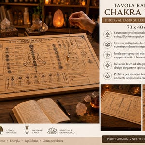 May include: A rectangular wooden radionics board titled CHAKRA DELUXE featuring laser-engraved diagrams of the seven chakras, human energy centers, and geometric symbols. The board measures 70 by 40 cm and includes a metal pendulum suspended above.