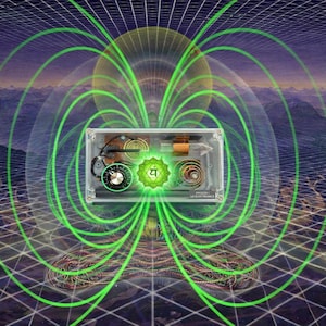 May include: An artistic digital illustration featuring a transparent box with various electronic components, surrounded by green energy lines. The box has a green chakra symbol. The background shows a grid and a mountain landscape.