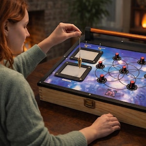 Może przedstawiać: Drewniana skrzynka z niebiańskim motywem i czerwonymi pokrętłami. Osoba trzyma wahadło nad skrzynką. Skrzynka ma dwa kwadratowe ekrany i uchwyt. Tło obejmuje półkę na książki i ciepłe światło.