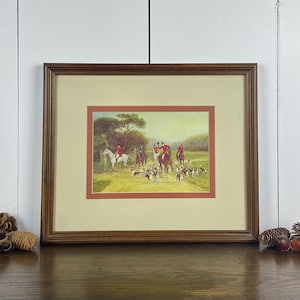 Vintage Framed British Hunting Print / English Hunting on Horseback with Dogs Art in Wooden Frame