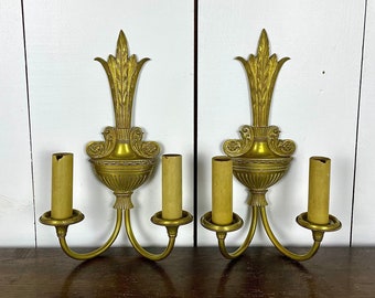Antique Pair of Double Arm Sconces / Vintage Two Light Sconce Light Fixtures with Feather and Urn Design *Needs rewired*