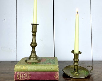 Antique Brass Candlestick Holder Pair / Vintage Candlestick Holder and Chamberstick with Heavy Patina