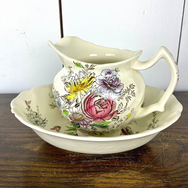 Floral Pitcher and Wash Basin / AS IS Small Vintage Multicolor Vase and Bowl with Flowers Sheraton by Johnson Bros England