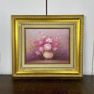 Vintage Still Life of a Pink Bouquet Oil Painting Signed by Robert Cox in Gilt Frame / Gold Framed Rose Painting from Mid Century