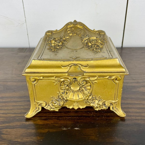 Antique Jewelry Box / Vintage Gilt Jewelry Casket Art Nouveau Style with Lid and Red Velvet Lining
