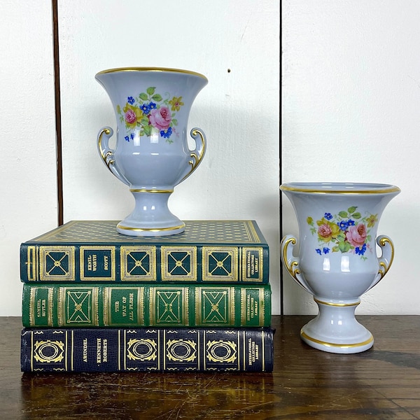 Vintage Pair of Urns / Painted Chintz Floral Urn Planters with Handles and Gold Trim / Mid Century Urn Style Vases