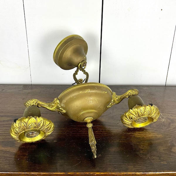 Antique Brass Chandelier / 1920s Art Deco Ceiling 2 Light Ceiling Fixture / Vintage Ornate Arts and Crafts Lighting / AS IS - Needs Rewired