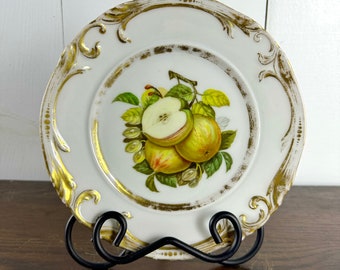 Vintage Plate with Fruit Design / Decorative Plate with Apples, Gold Details / Autumn Cottage Kitchen Decor