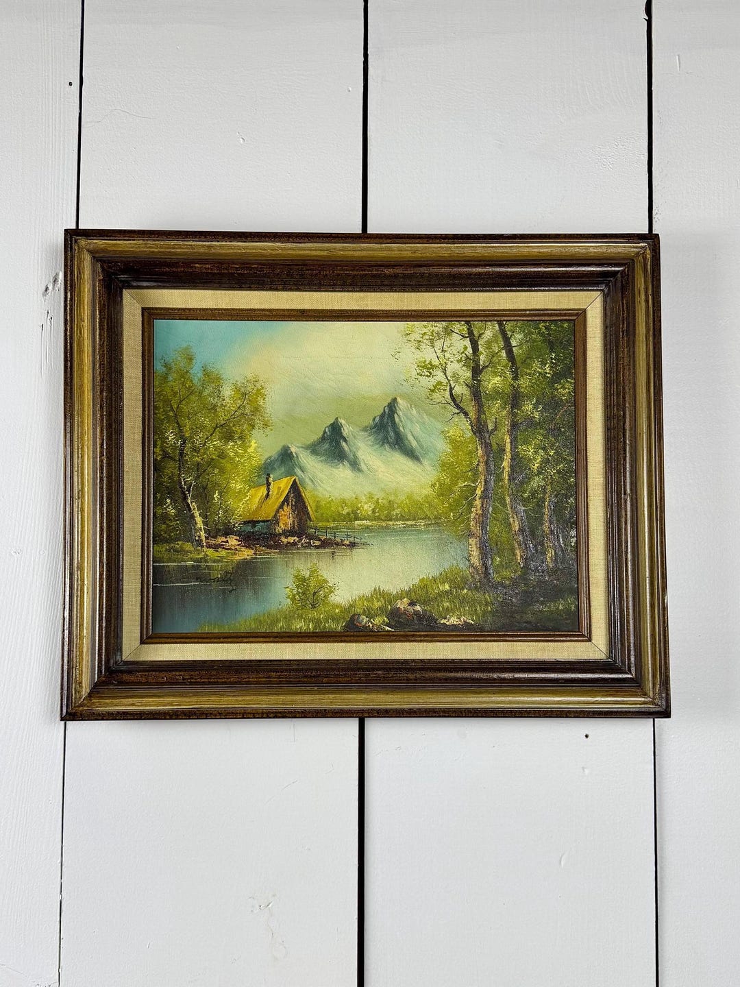 Vintage Oil Painting on Canvas of Mountain, Lake and Cabin in Wooden ...