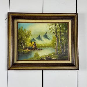 Vintage Oil Painting on Canvas of Mountain, Lake and Cabin in Wooden Frame / Artist Signed, Framed Original Landscape Wall Decor