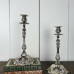 Vintage Silver Candlestick Holder Pair in Art Nouveau Style / Large Candle Holders with Ornare Floral Designs