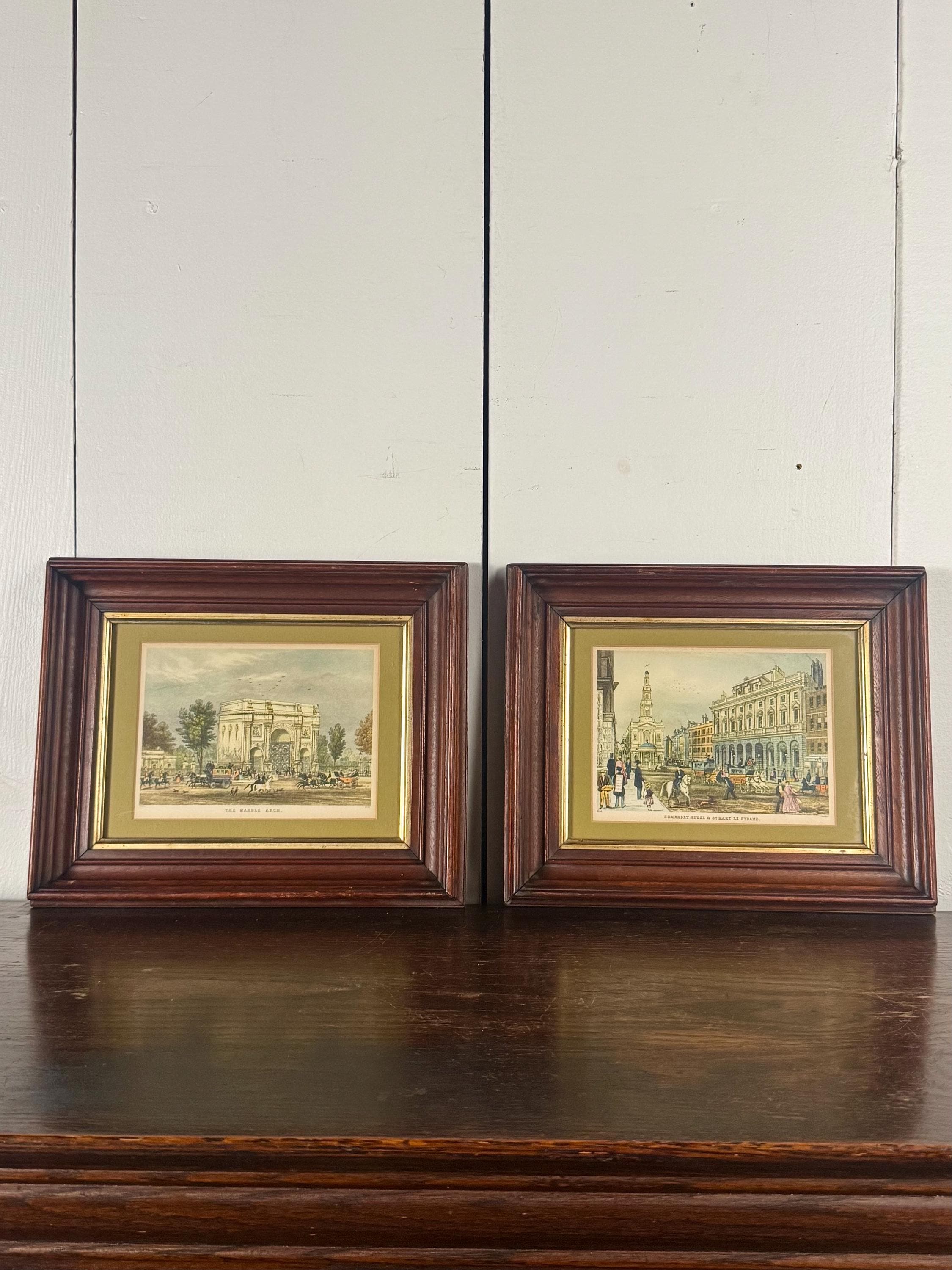 Antique Framed Pair of Aquatint Engravings of London Sites - The Marble Arch, Somerser House & St. Mary Le Strand From Late 19th Century