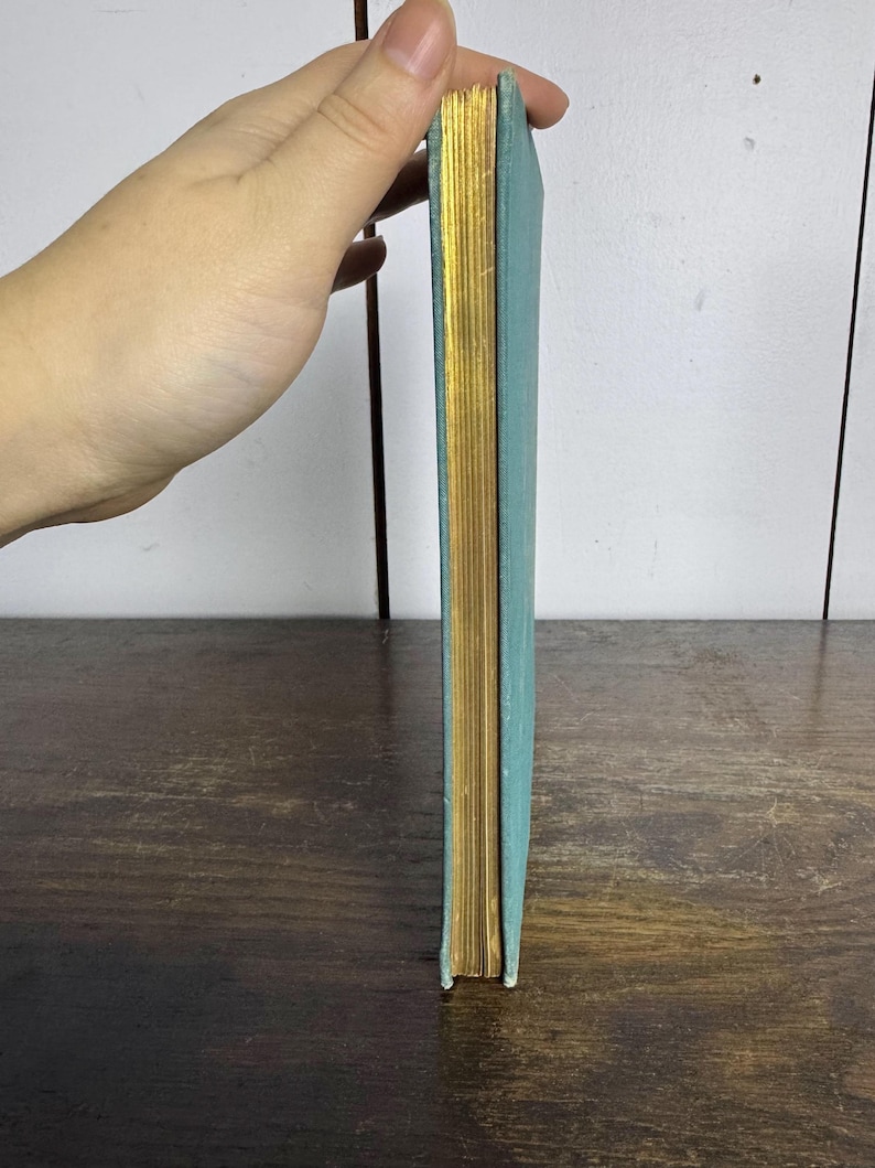 Puede incluir: Un libro de tapa dura de color azul turquesa con bordes dorados. El libro est&aacute; de pie sobre una superficie de madera.