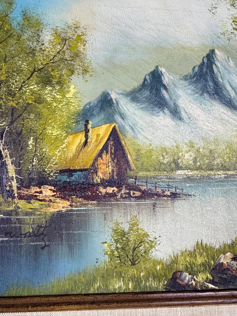 Vintage Oil Painting on Canvas of Mountain, Lake and Cabin in Wooden ...