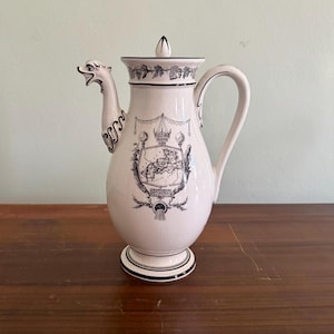 Vintage Reproduction Creil Cream Ware Coffee Pot with Dragon Spout, French Map, Grape Vine and Chandelier Details by Mottahedeh *CHIPPED*