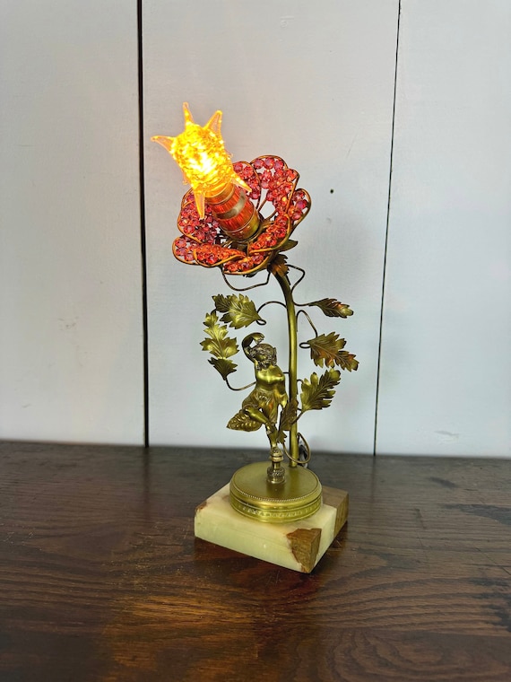 Antique Table Lamp Pink Beaded Flower Shade, Gilt Metal Statue and Leaf Details on Stone Base / Vintage Art Nouveau Decorative Desk Lamp