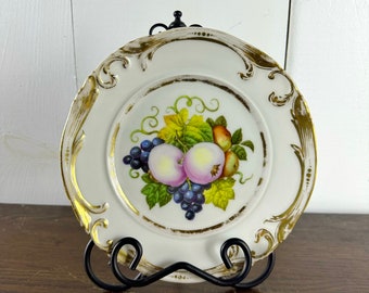 Vintage Plate with Fruit Design / Decorative Plate with Plums, Grapes, Gold Details / Autumn Cottage Kitchen Decor