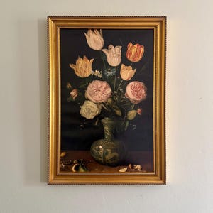 Vintage Still Life Print of “Flowers in Wan-Li Vase” by Jan Brueghel The Elder with Tulips, Daffodils and Roses in Gold Frame