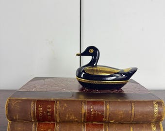 Vintage Black and Gold Laquered Wood Duck Shaped Trinket Box