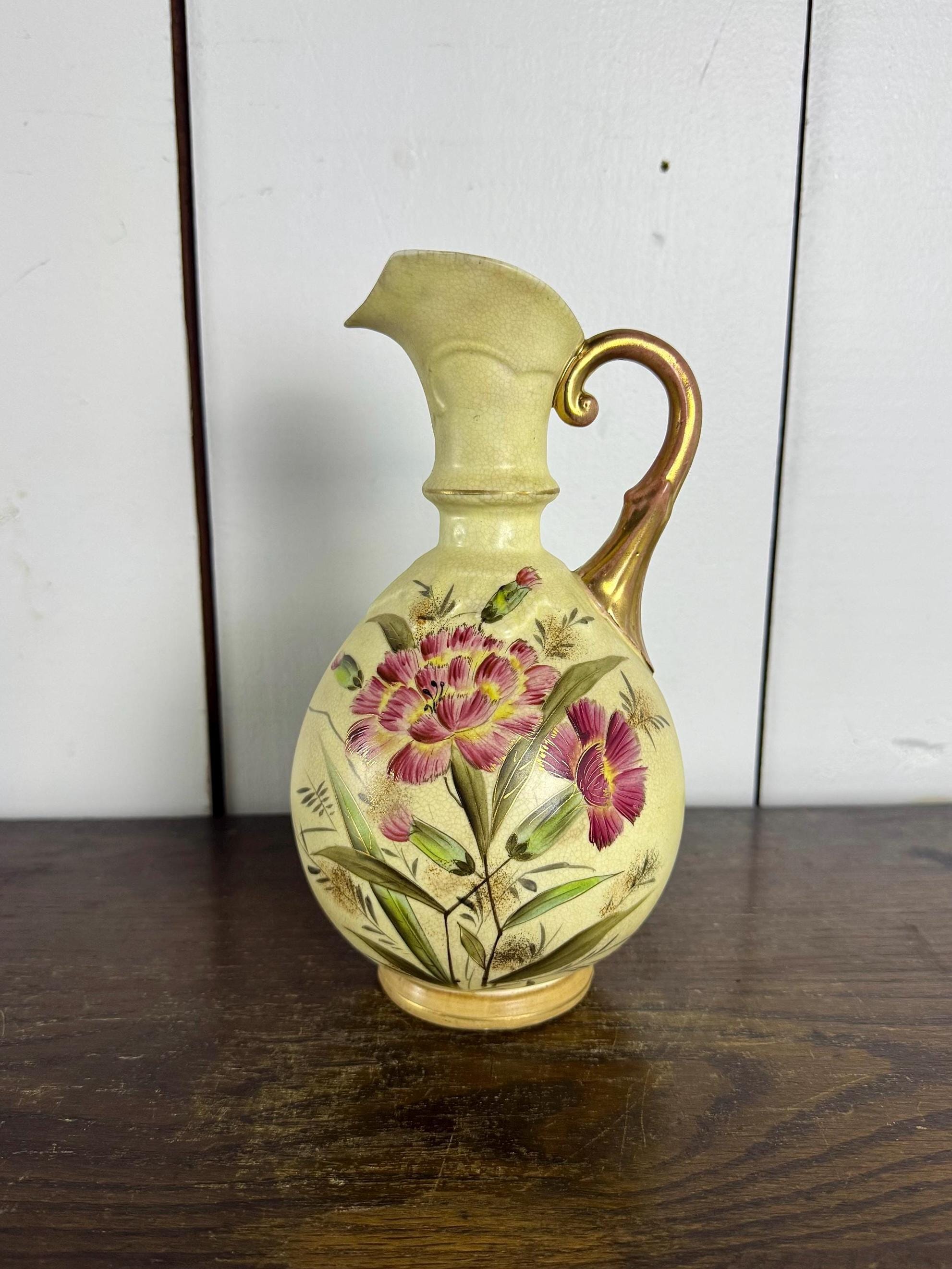 Antique Porcelain Ewer With Hand Painted Pink Florals by Robert