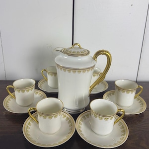 Antique Porcelain Tea Set by Haviland & Co Limoges France / Edwardian Floral Chocolate Pot and 6 Demitasse Cups