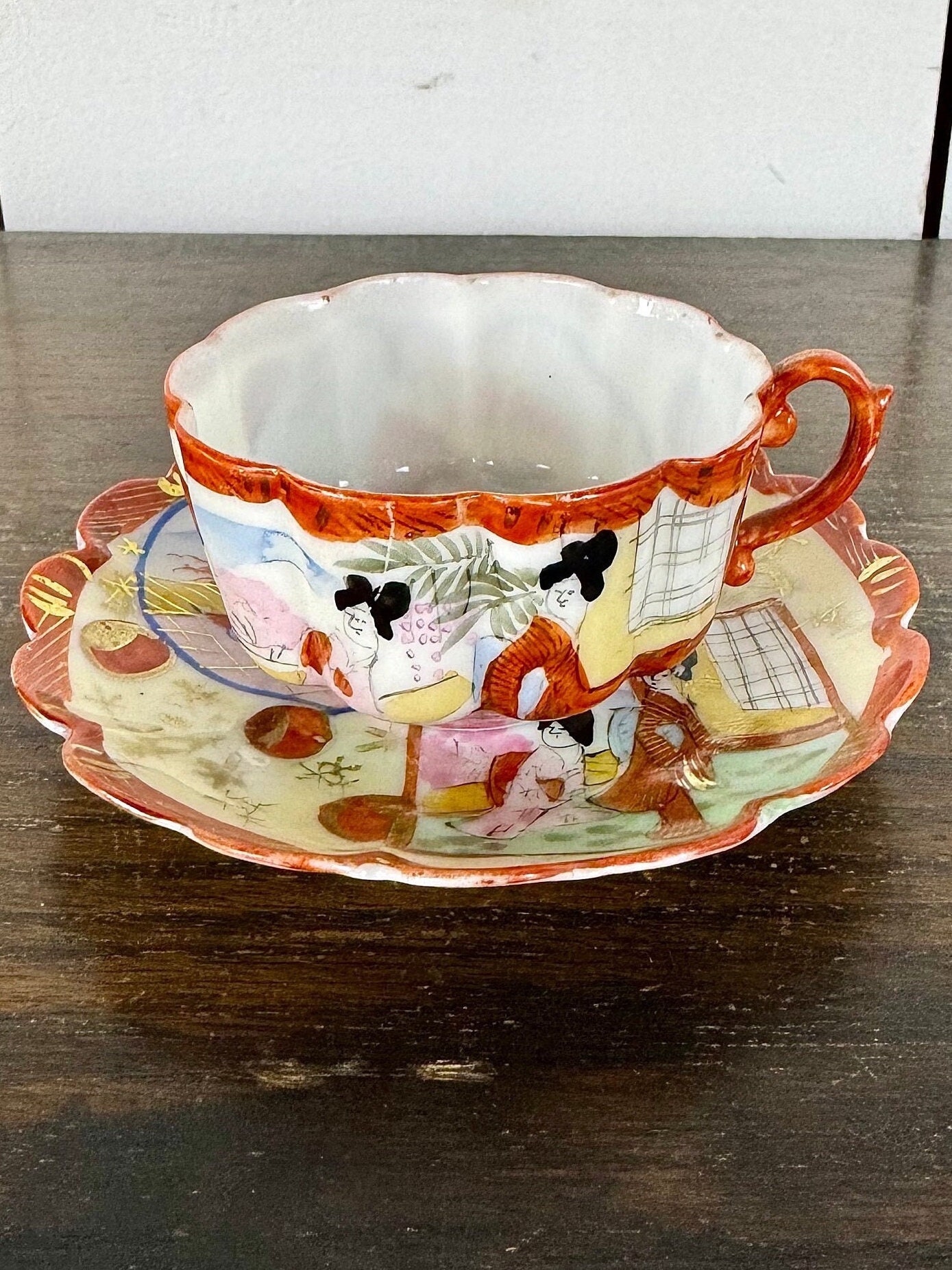 Vintage Japanese Kutani Tea Cup and Saucer Small Orange Geisha
