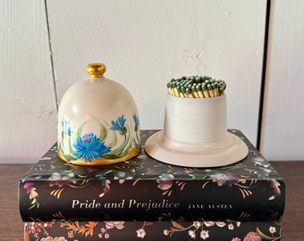 Antique Match Holder Hand Painted in Japan / Vintage Dome Lidded Match Jar with Striker and Blue Florals